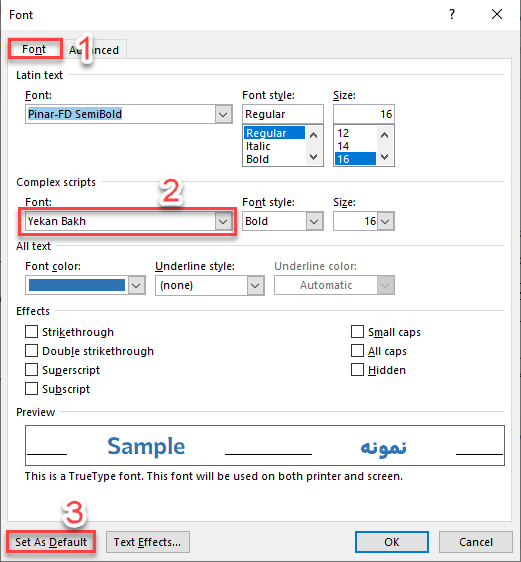 انتخاب فونت پیشفرض برای ورد