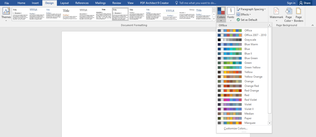 Color در قسمت Design ورد